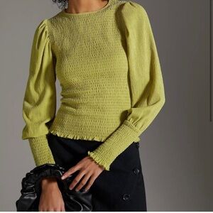 Anthropologie Smocked Puff long Sleeve chartreuse Green Top Large